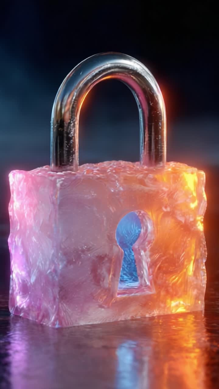 A Stunning Visual Representation of a Glow-in-the-Dark Ice Padlock with a Keyhole, Illuminated in Vibrant Colors, Set Against a Mysterious Dark Background