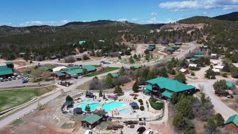 Aerial-View-Of-Vacation-Home-Rentals-With-Outdoor-Pools-At-Zion-Ponderosa-Ranch-Resort-In-Orderville,-Utah,-USA