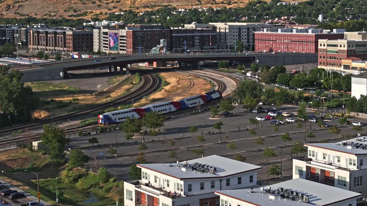Aerial Shot Following UTA FrontRunner Public transportation in Downtown Salt Lake City