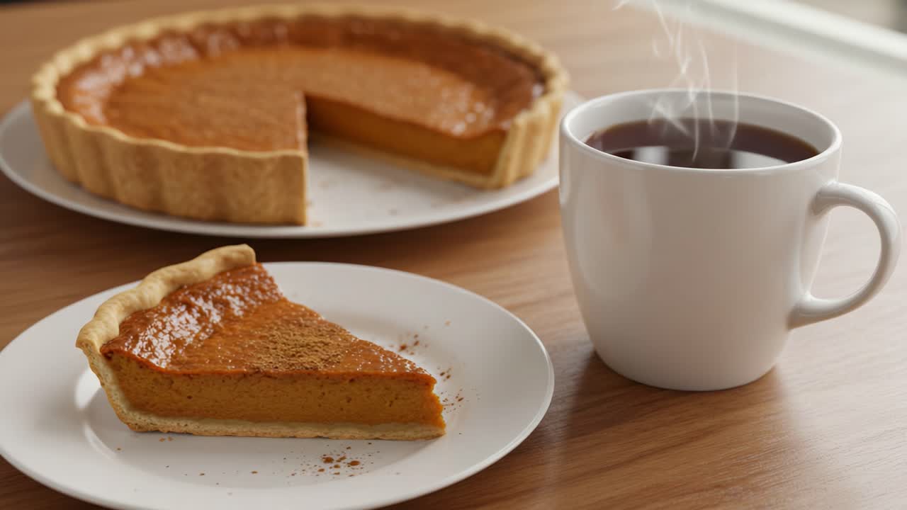 A slice of pumpkin pie with a cup of coffee and a whole pie in the background