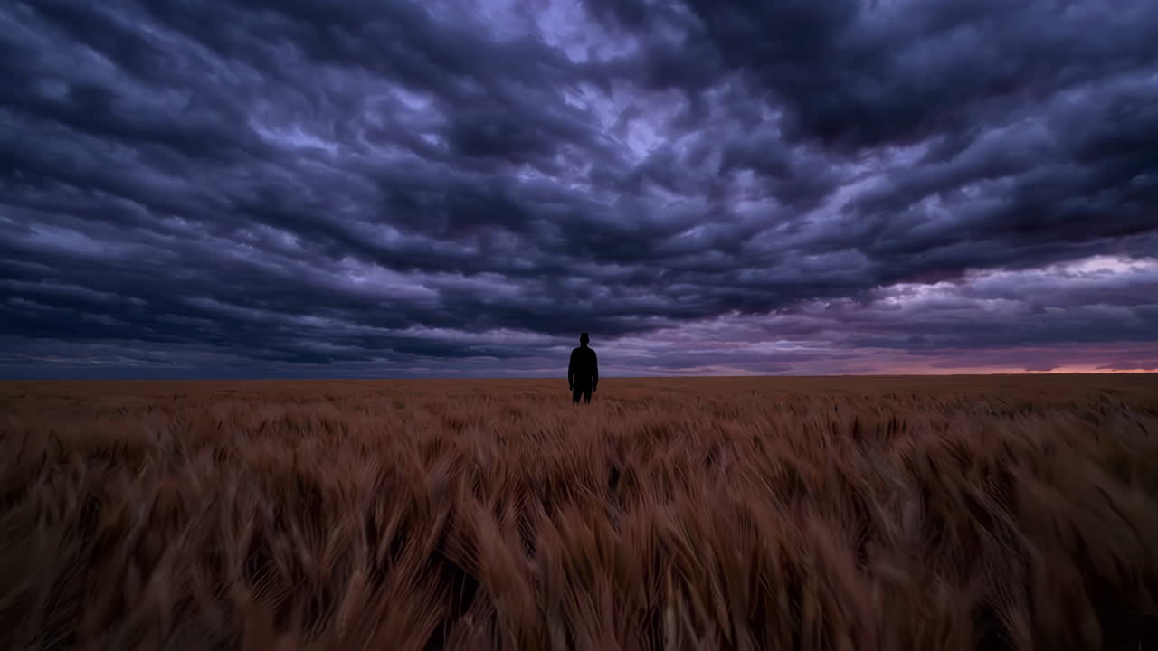 Silhouette of a person in a wheat field during a stormy sunset
