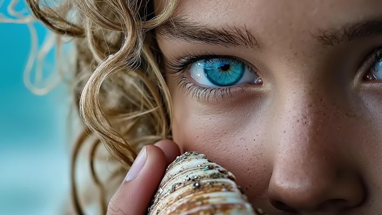 A young girl holding a seashell in front of her face