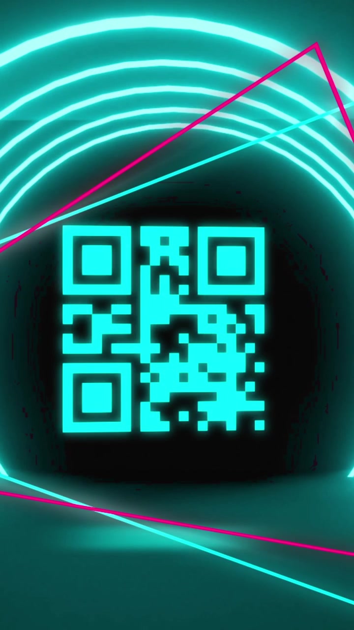 Animation of glowing qr code over neon geometric shapes