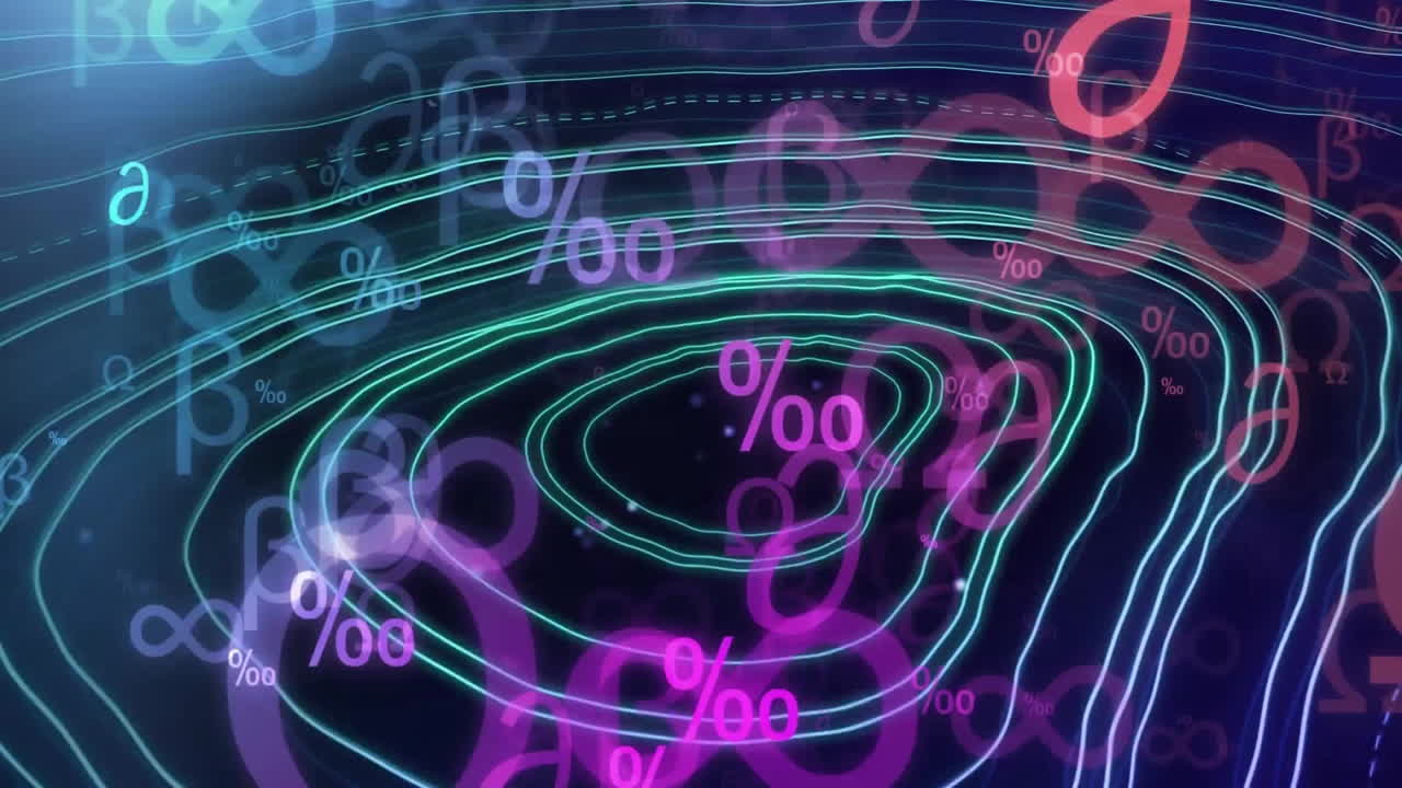 수학적 데이터 처리의 애니메이션과 검은 바탕에 있는 선