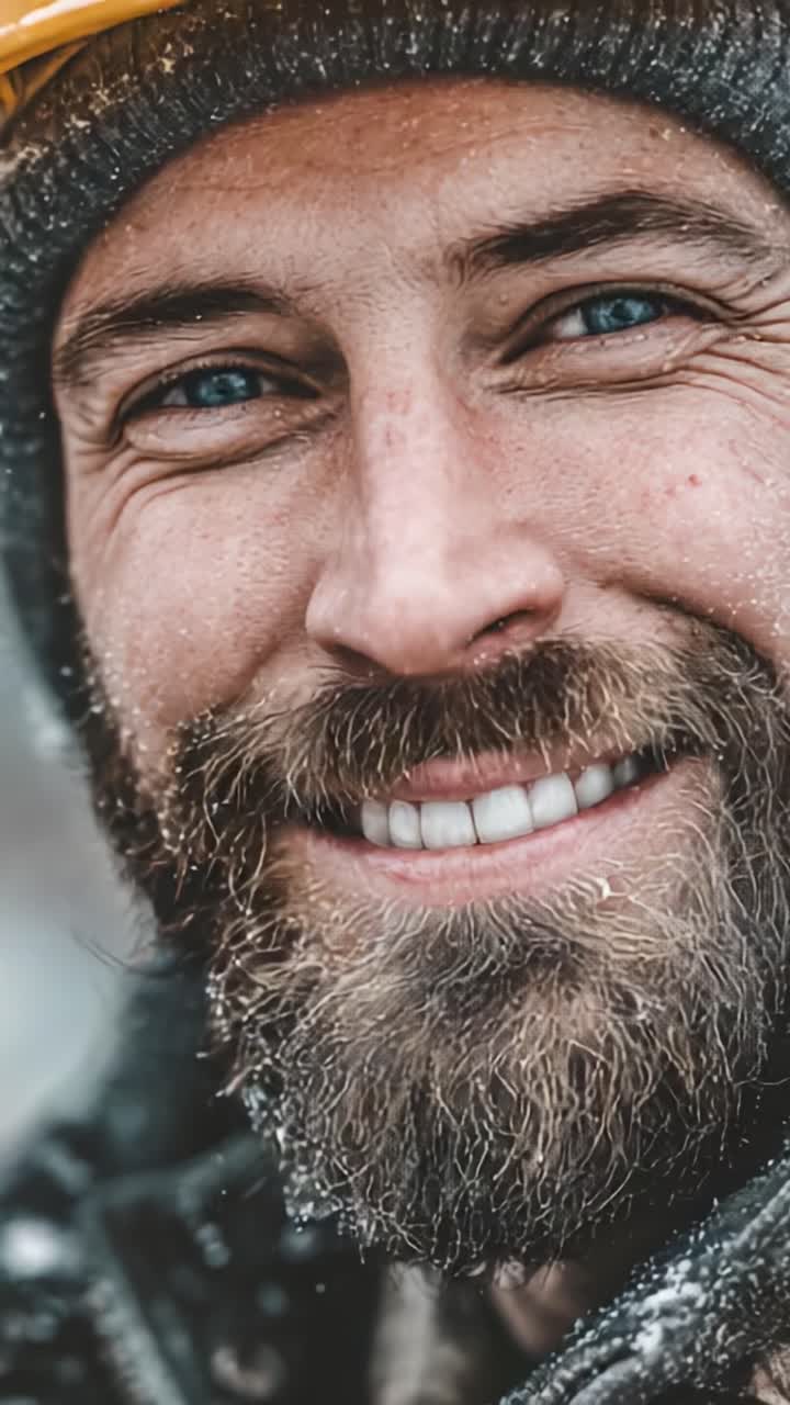 Captivating Close-Up of a Smiling Man with a Beard, Snowflakes on His Face, Radiating Positivity and Warmth Amidst a Cold Environment