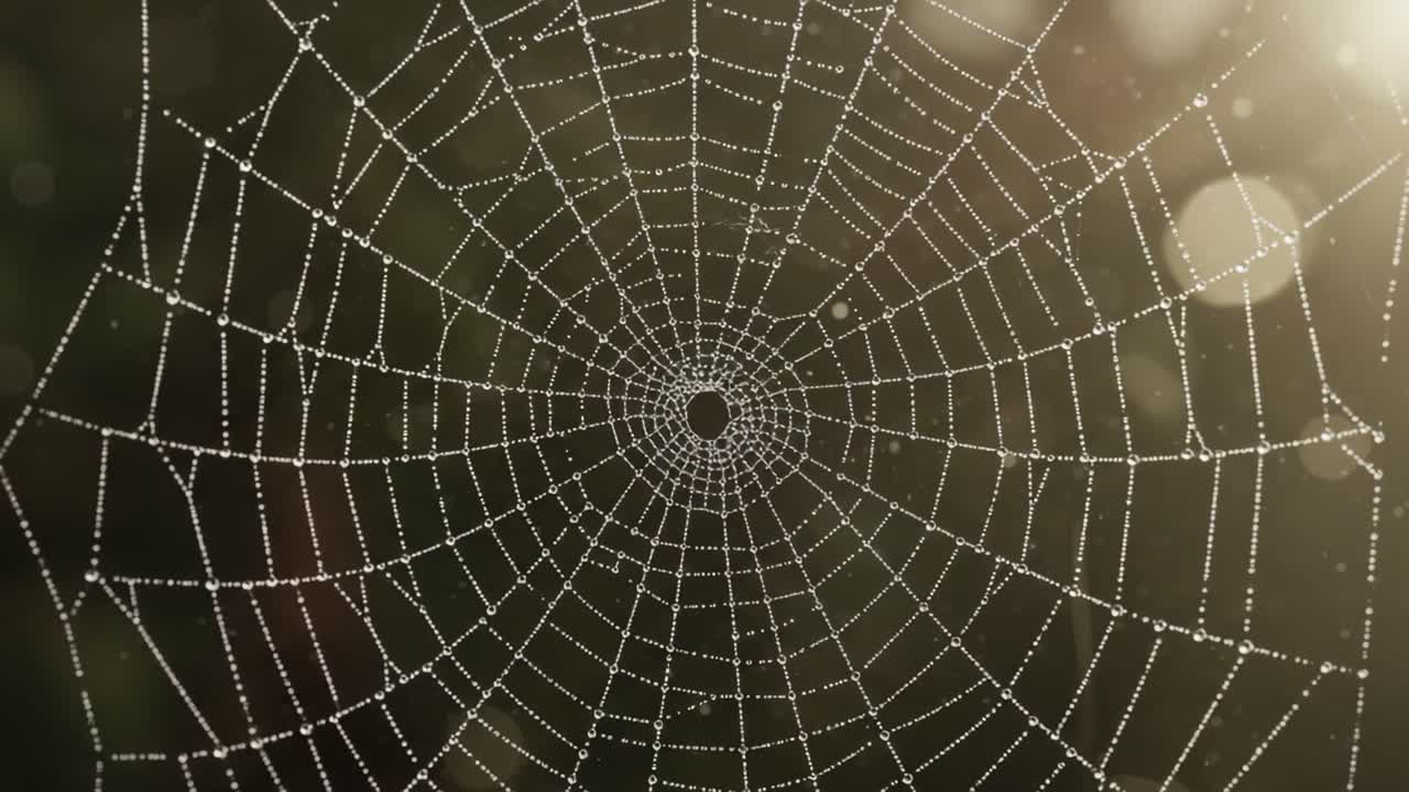 A Stunning Display of Nature's Artistry: The Intricate Design of a Spider Web Glimmering with Dewdrops in the Morning Light