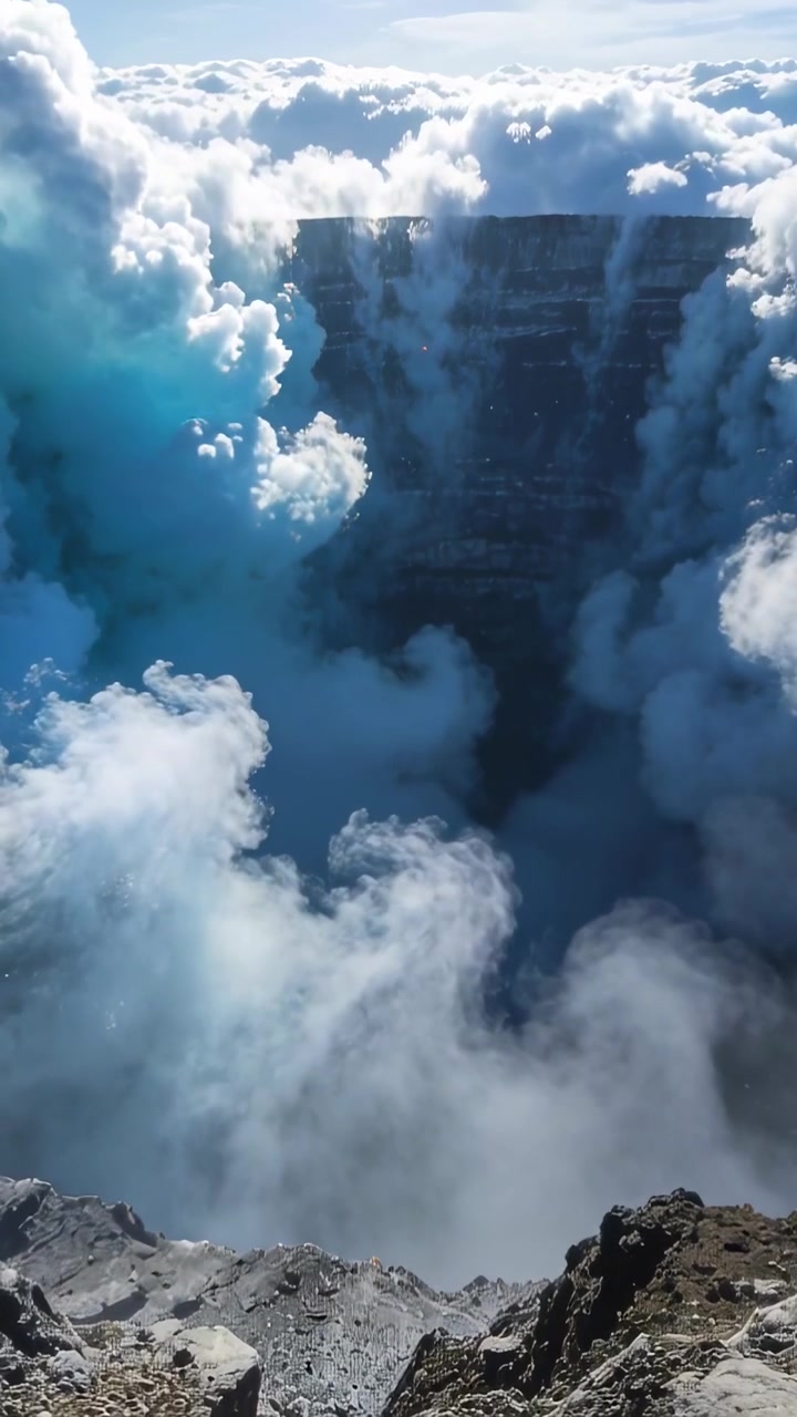 Vertical video: Billowing cloud banks driven by updrafts rising into deep chasm, sunlit sky