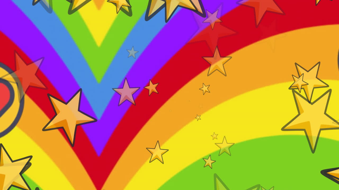 animación de estrellas sobre forma de corazón en círculos sobre patrón abstracto multicolor