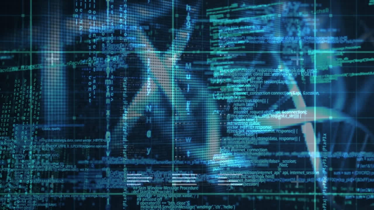 Animation of dna strands spinning and data processing over grid