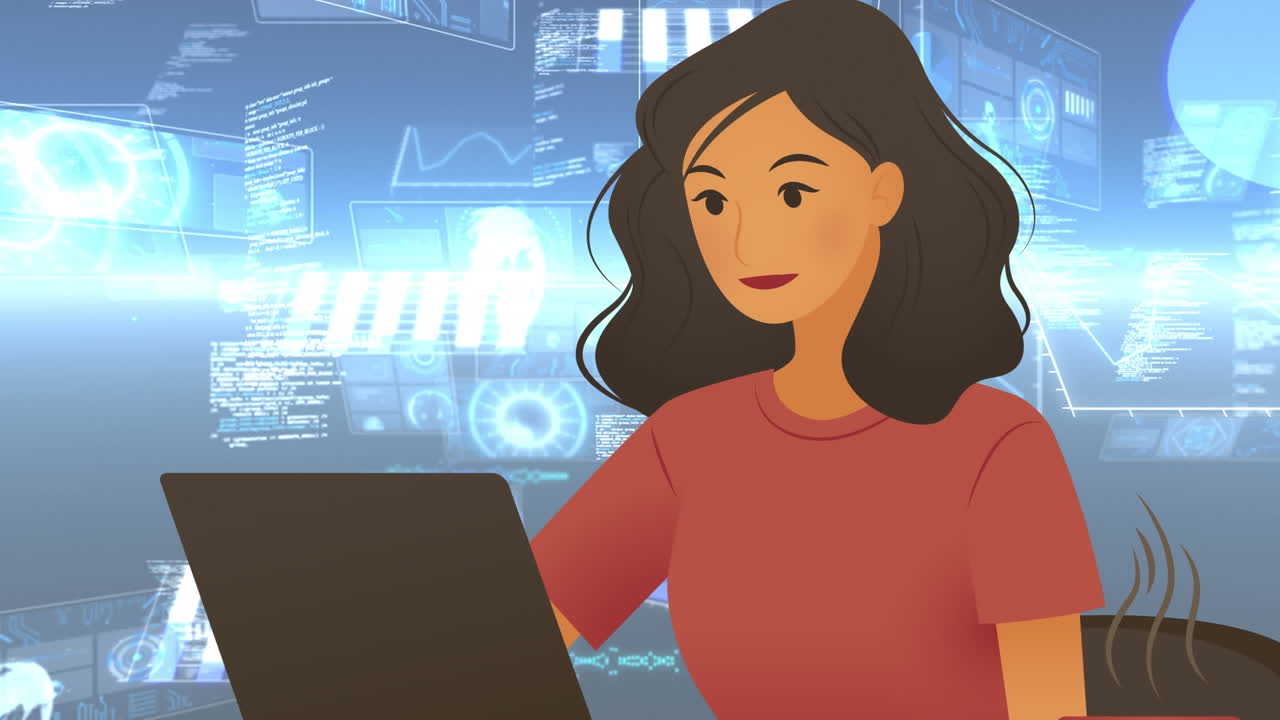 Woman using laptop icon against multiple round scanners and data processing on blue background