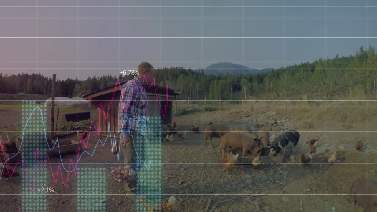 Contadino che trasporta un cesto di uova cammina attraverso un campo agricolo con icone animate di maiali e galline.