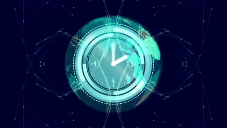 animación del reloj que se mueve sobre el globo y la red de conexiones