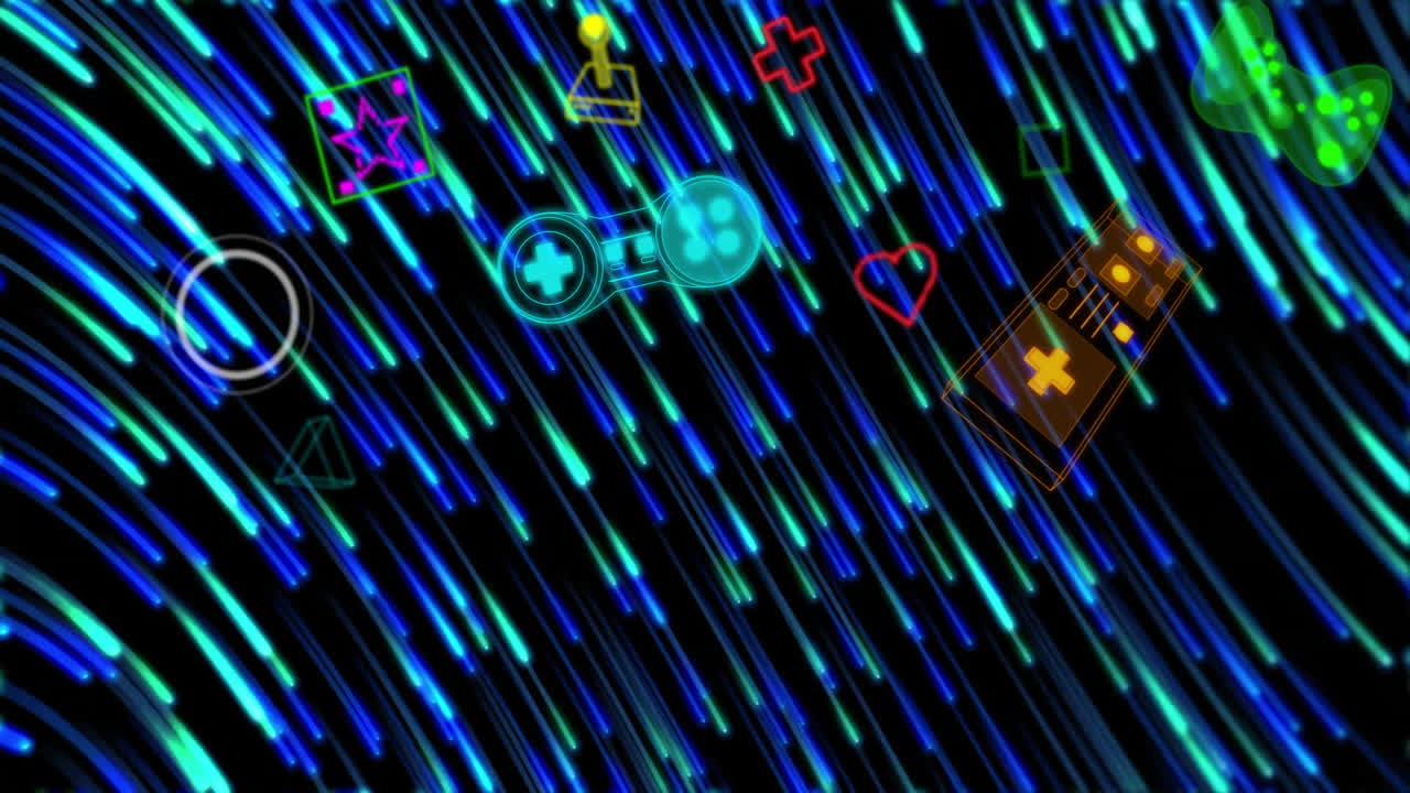 Colorful gaming icons over blue and green streaks, animation of digital gaming theme
