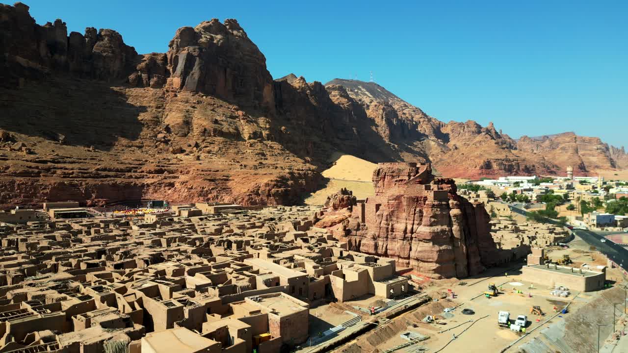 Drone shot AlUla Old Town in Saudi Arabia. Historic ancient city
