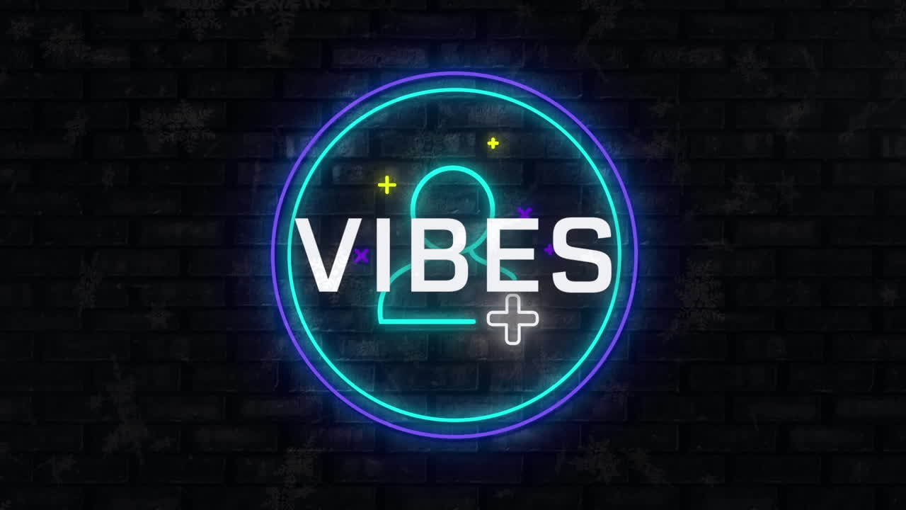 animación de vibraciones texto y icono de perfil sobre banner redondo de neón contra el fondo de la pared de ladrillo