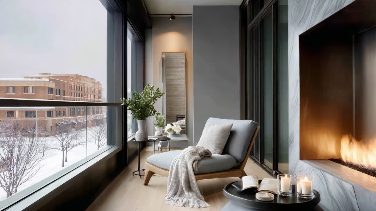 A Cozy and Inviting Living Space Featuring a Stylish Chaise Lounge, Warm Fireplace, and Snowy View, Perfect for Relaxation and Enjoying the Winter Season in a Modern Setting