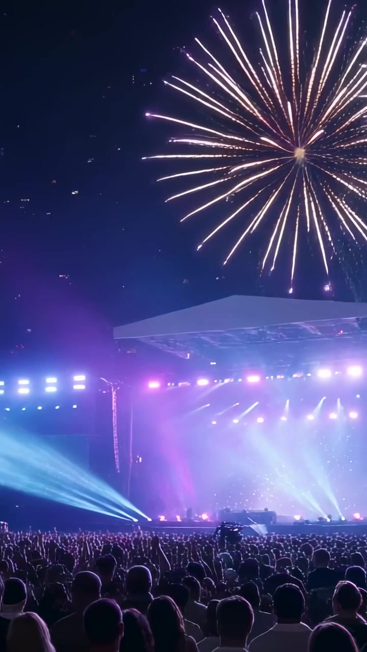 Video verticale: Segnale luminoso che avvia i fuochi d'artificio mentre la folla alza i telefoni per il finale su un palco notturno.