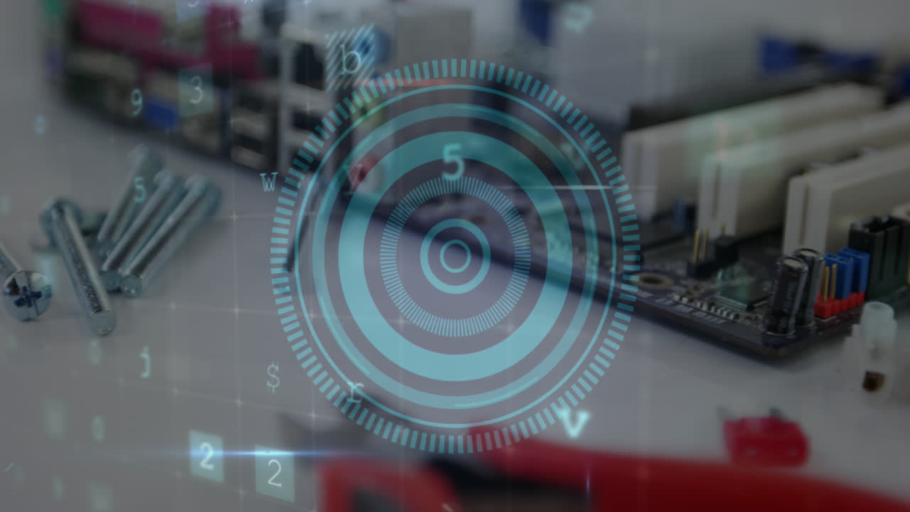 Animation of circles, texts, letters, symbols over repairing tools, electronic components on table
