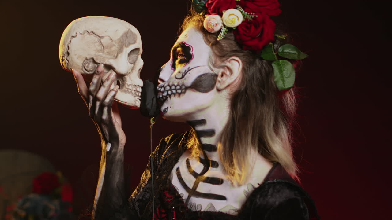 Woman with Day of the Dead Makeup Holding Skull