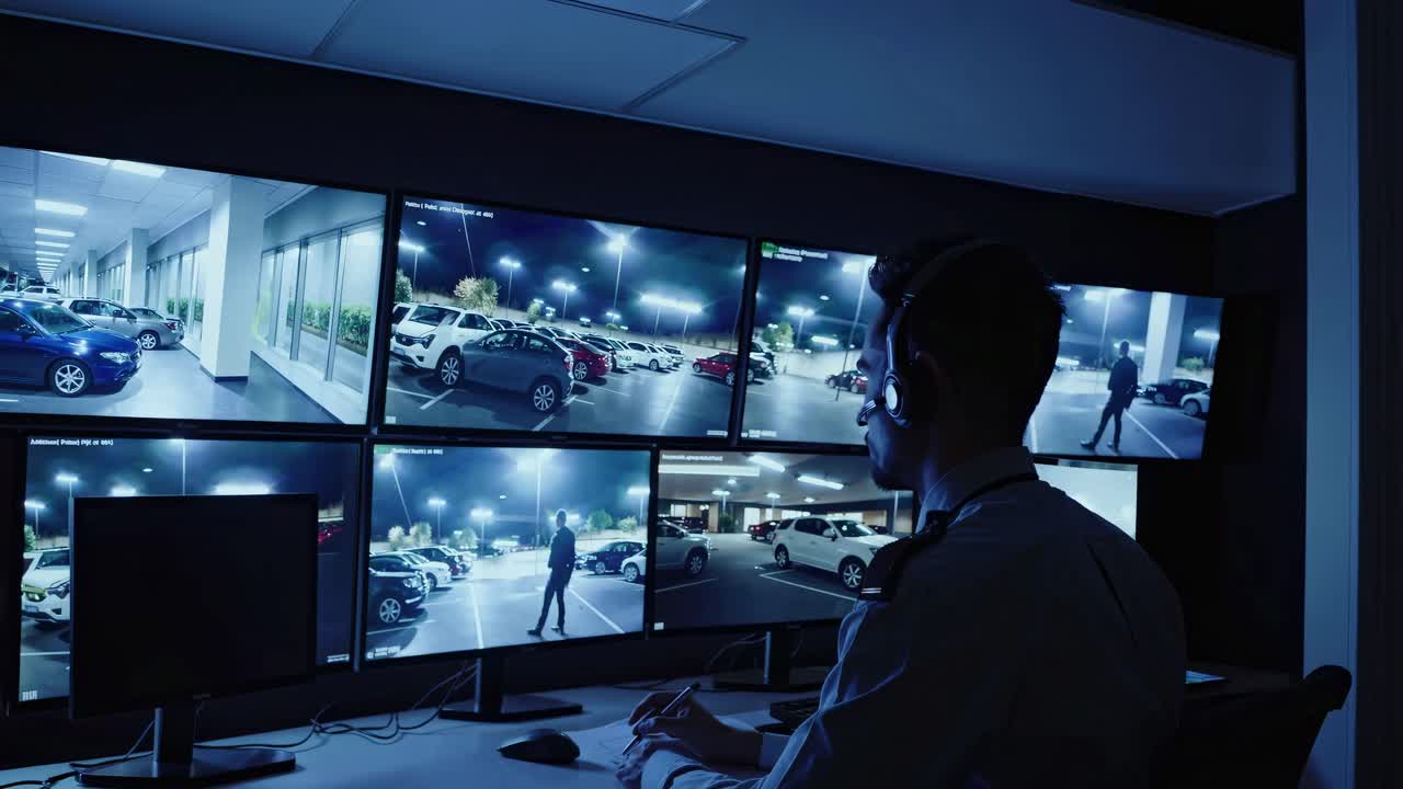 Security control room with a person monitoring multiple video screens showing parking lot footage