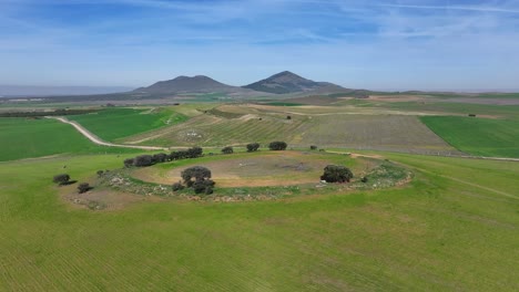 Vuelo-En-Campos-De-Cultivos-Verdes-Y-Restos-De-Un-Gran-Dolmen-Y-Donde-Han-Crecido-árboles-Perimetralmente-Con-Una-Posible-Entrada-En-La-Carretera-Actual-Con-Un-Fondo-De-Montañas-En-Toledo-España