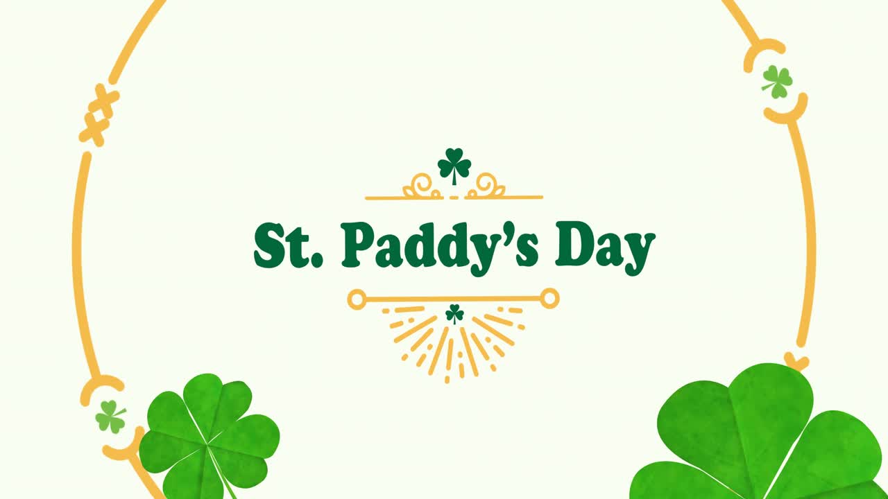 Animation of happy st paddy's day text with clover leaves and yellow round frame on white background