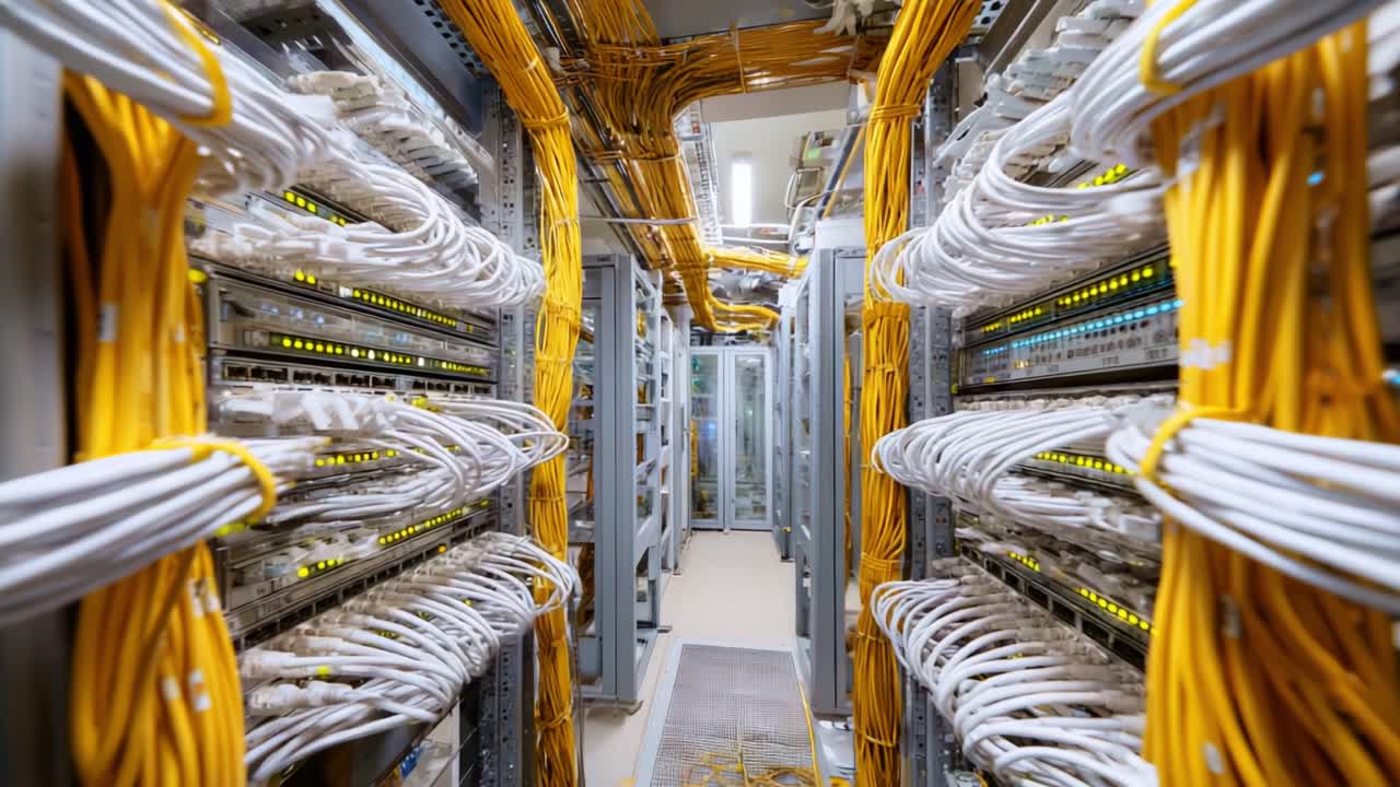 A High-Tech Network Infrastructure Room Filled with Organized Patch Panels and Networking Cables, Representing Modern Data Connectivity and Communication Systems