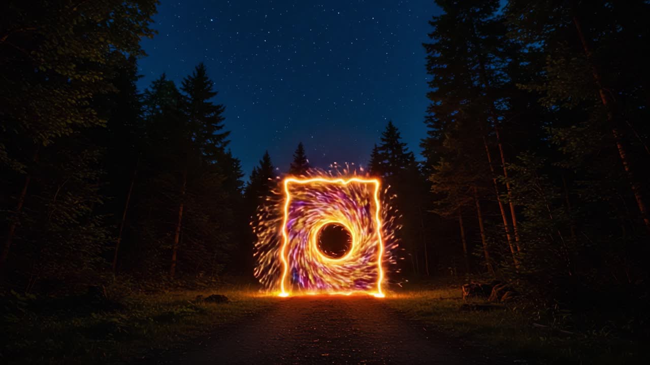 A Mesmerizing Journey Through a Fiery Portal in a Calm Forest Under a Starry Night Sky, Invoking Wonder and Imagination Amidst Nature's Majesty