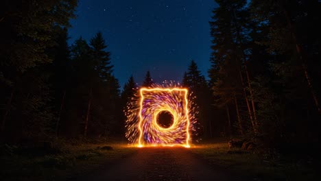 A Mesmerizing Journey Through a Fiery Portal in a Calm Forest Under a Starry Night Sky, Invoking Wonder and Imagination Amidst Nature&#039;s Majesty