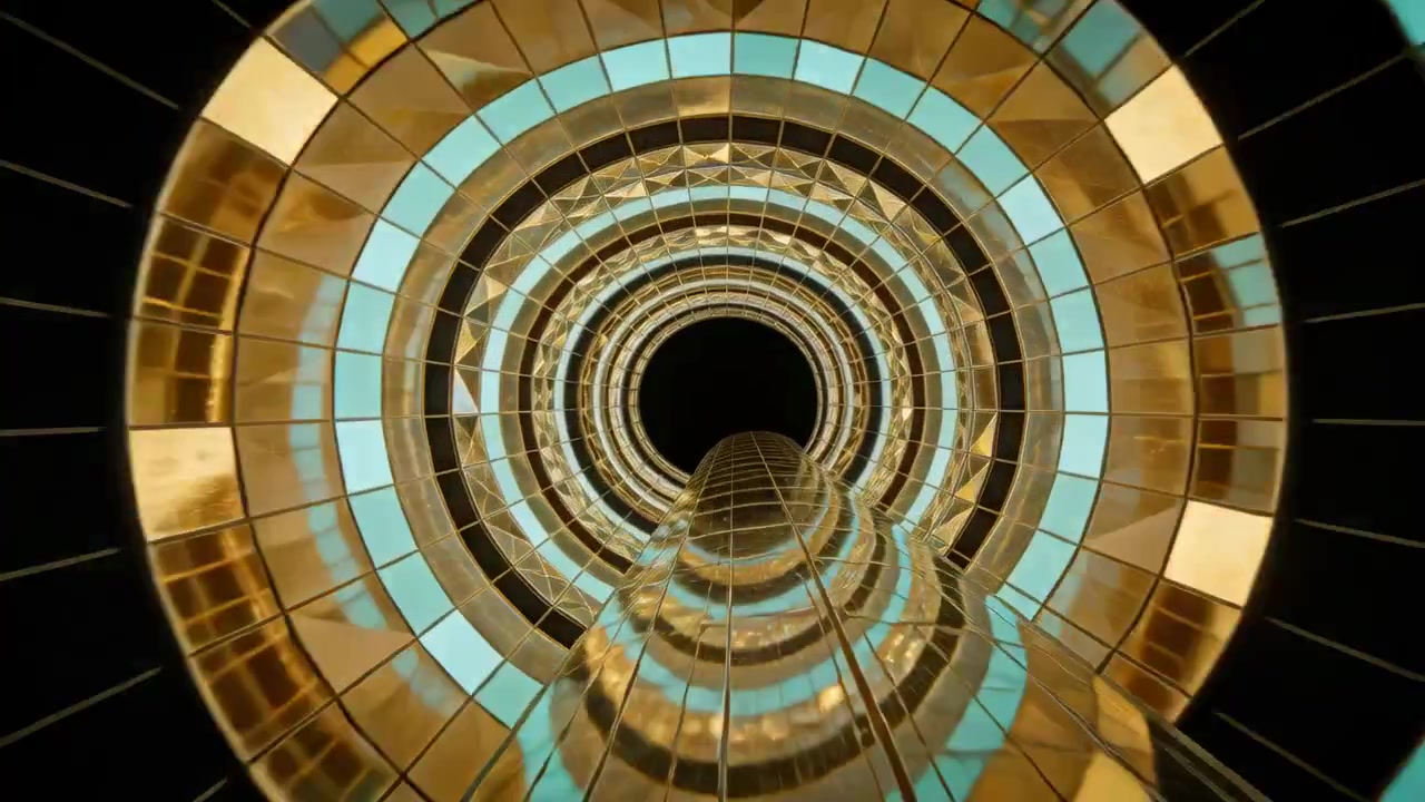 Panning camera moving through mirrored gold turquoise tunnel revealing reflective spiral void
