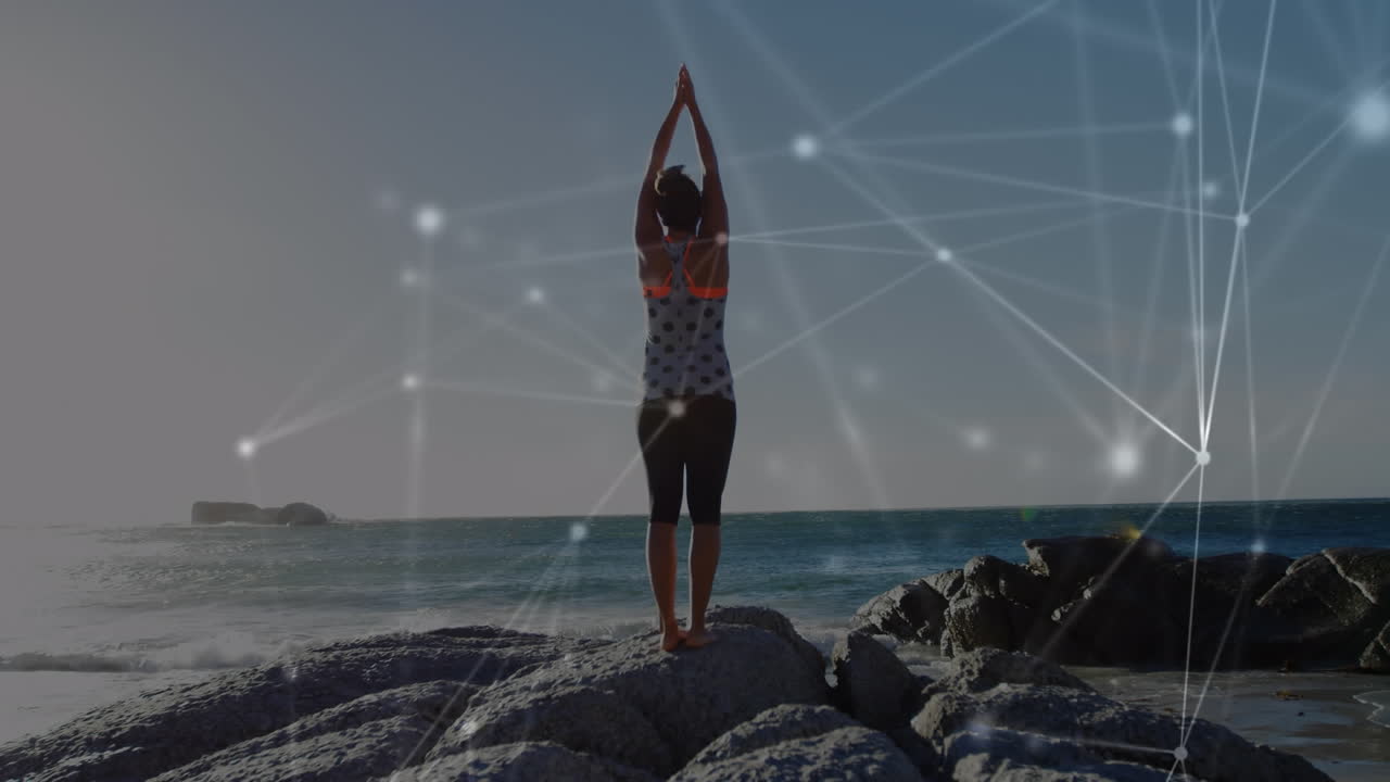 바다  ⁇ 에 서서 팔을 들고 있는 여자 위에 빛나는 글로벌 네트워크의 애니메이션
