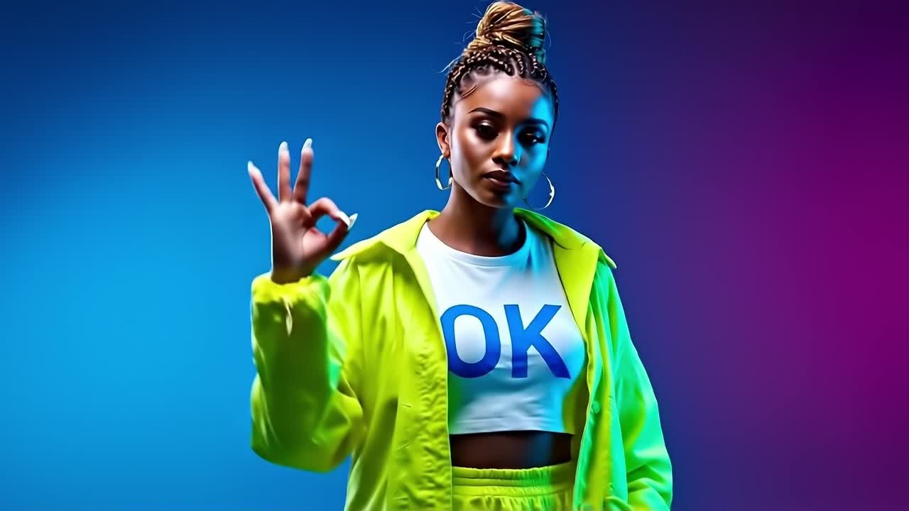 A woman in a yellow jacket and a white t-shirt with the word OK on it