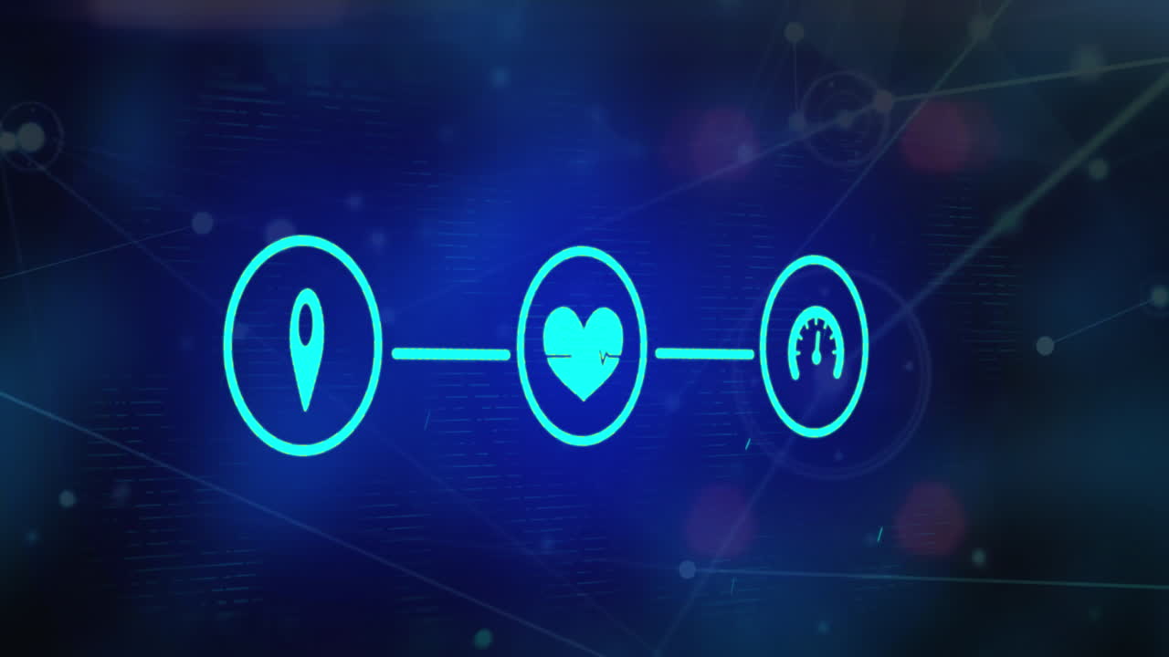 검은색 배경에 아이콘과 빛 반점이 있는 연결 네트워크의 애니메이션