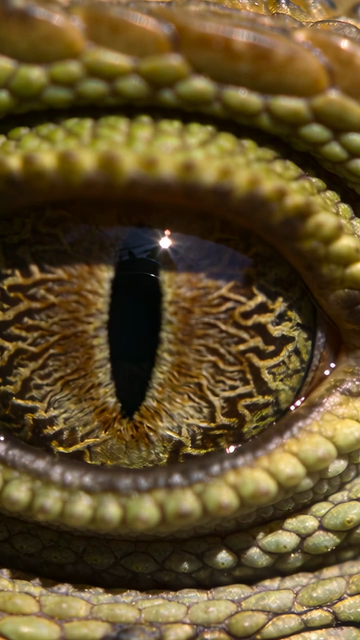 Vertical video: Reptile eye remaining centered during light shift, showing iris texture for biology