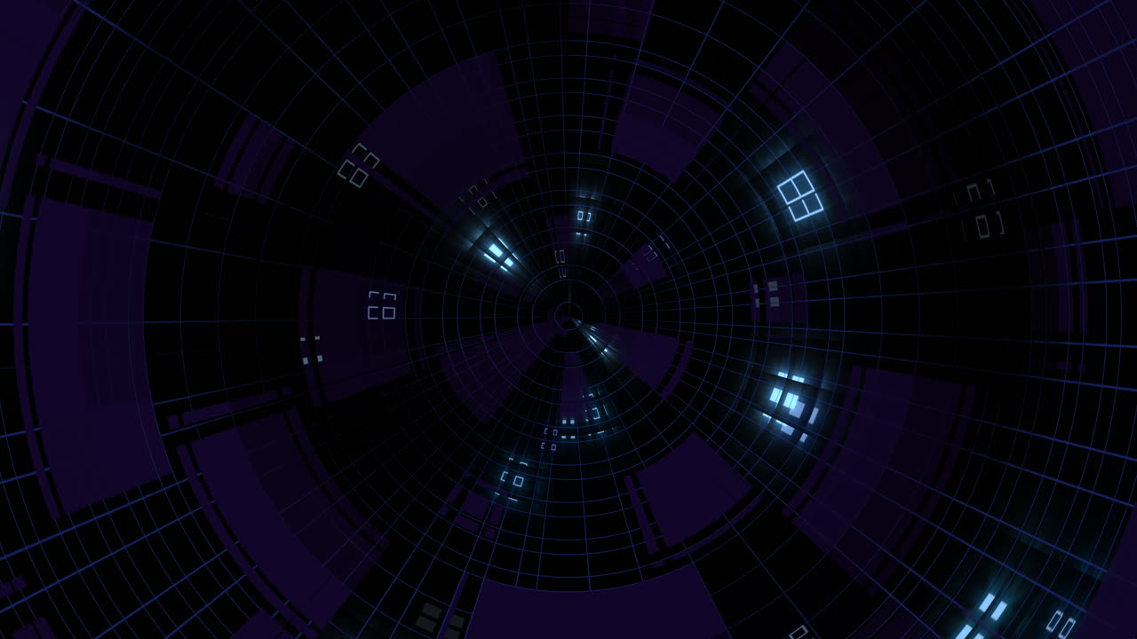 A futuristic tunnel aglow with blue lines and lined with organized rectangular shapes in a circular arrangement, devoid of people or objects
