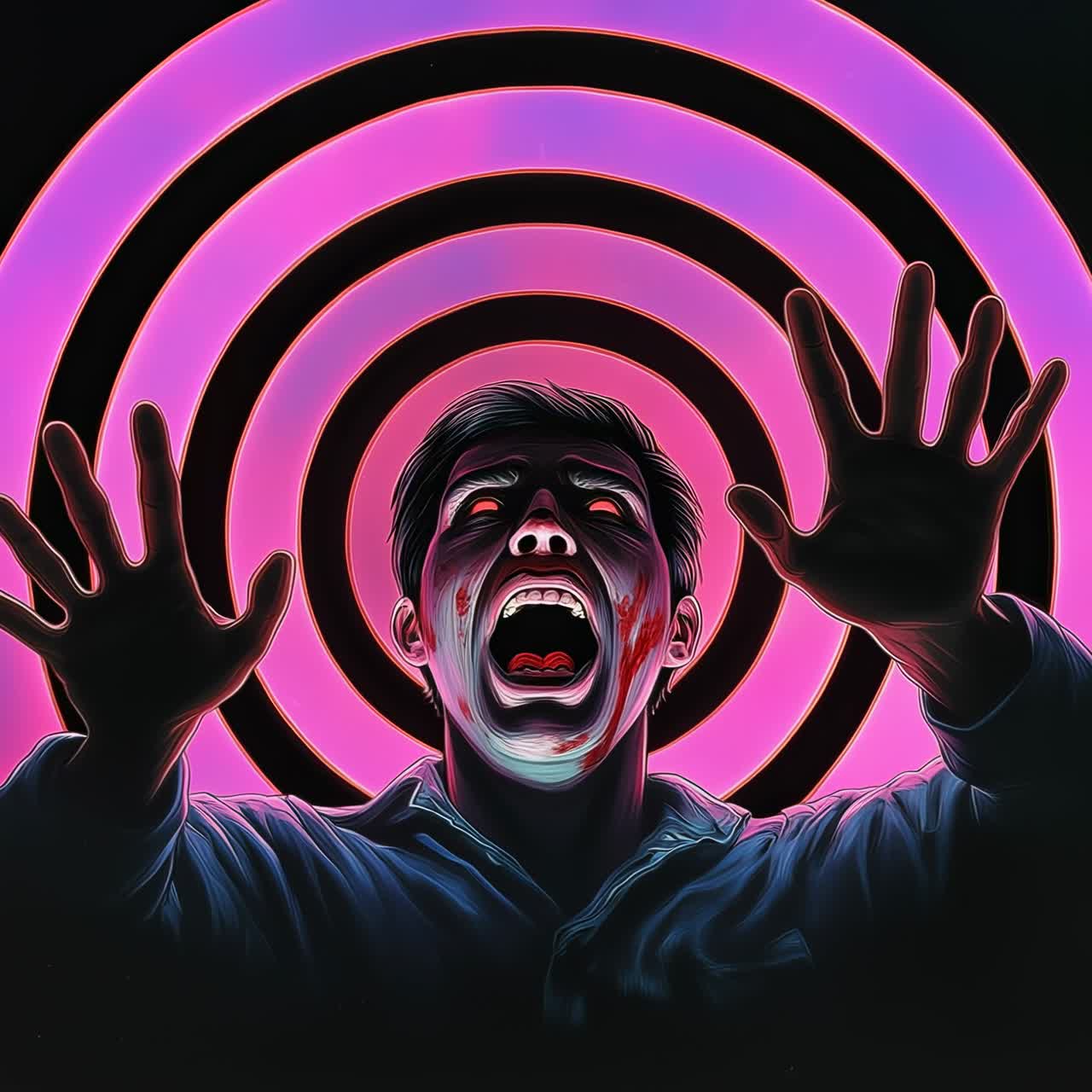 Dramatic low-angle shot of a man screaming, with neon spiral backdrop, video game style