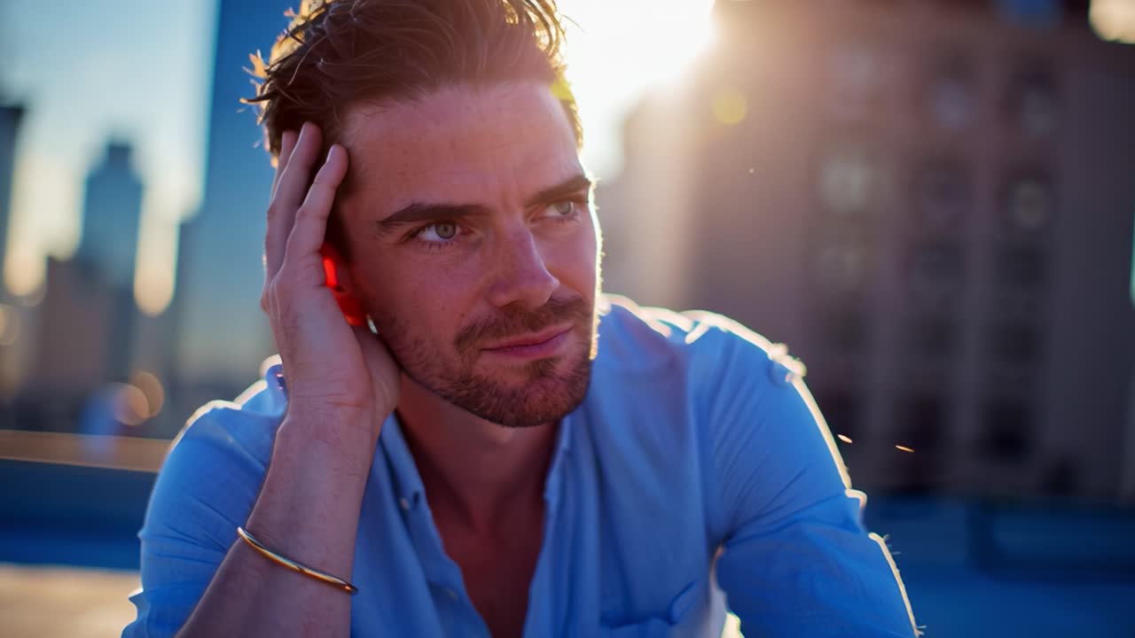 A contemplative man sits on a rooftop, bathed in warm sunlight, visibly reflecting on thoughts or emotions. His expression shows a blend of frustration and calmness as he pauses