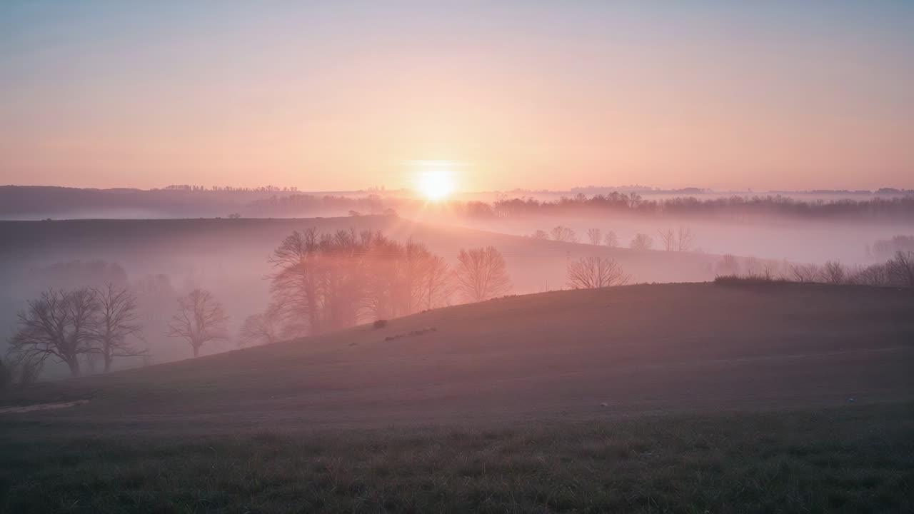 Aufgehende Sonne erklimmt den Horizont, beleuchtet neblige, hügelige Landschaft im Morgengrauen und erleuchtet die Baumwipfel.