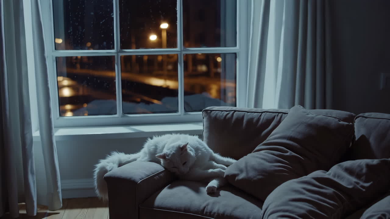 White Cat Relaxing by Window at Night