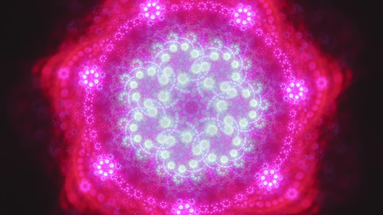 microcosmo di centinaia di forme di fiori rosa e materia organica in un vortice centrale vorticoso, loop continuo