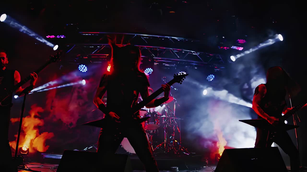 Inquadratura dinamica dal basso di una rock band che si esibisce sul palco con luci d'effetto e fumo