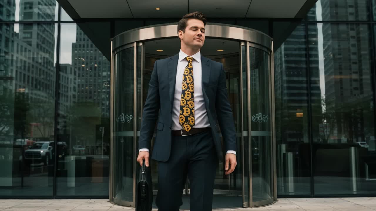 Confident Businessman Exiting Office Building with Distinctive Tie and Briefcase, Radiating Professionalism and Style in Urban Environment