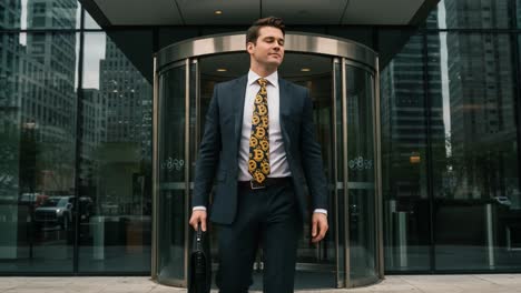 confident businessman exiting office building with distinctive tie and briefcase, radiating professionalism and style in urban environment