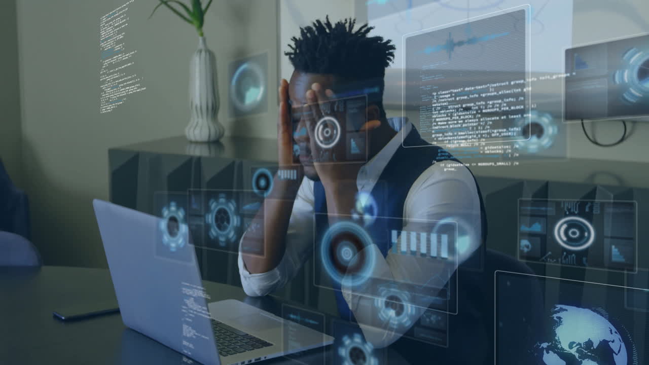 man adjusting eyeglasses at modern office desk, interacting with floating technology data charts