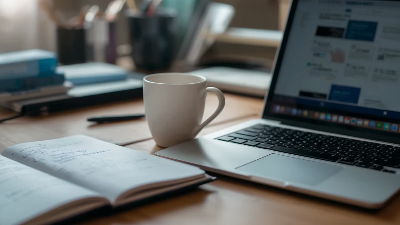 Starting camera focusing desk near window, revealing mug, notebook, pencil, books, pen cup, laptop