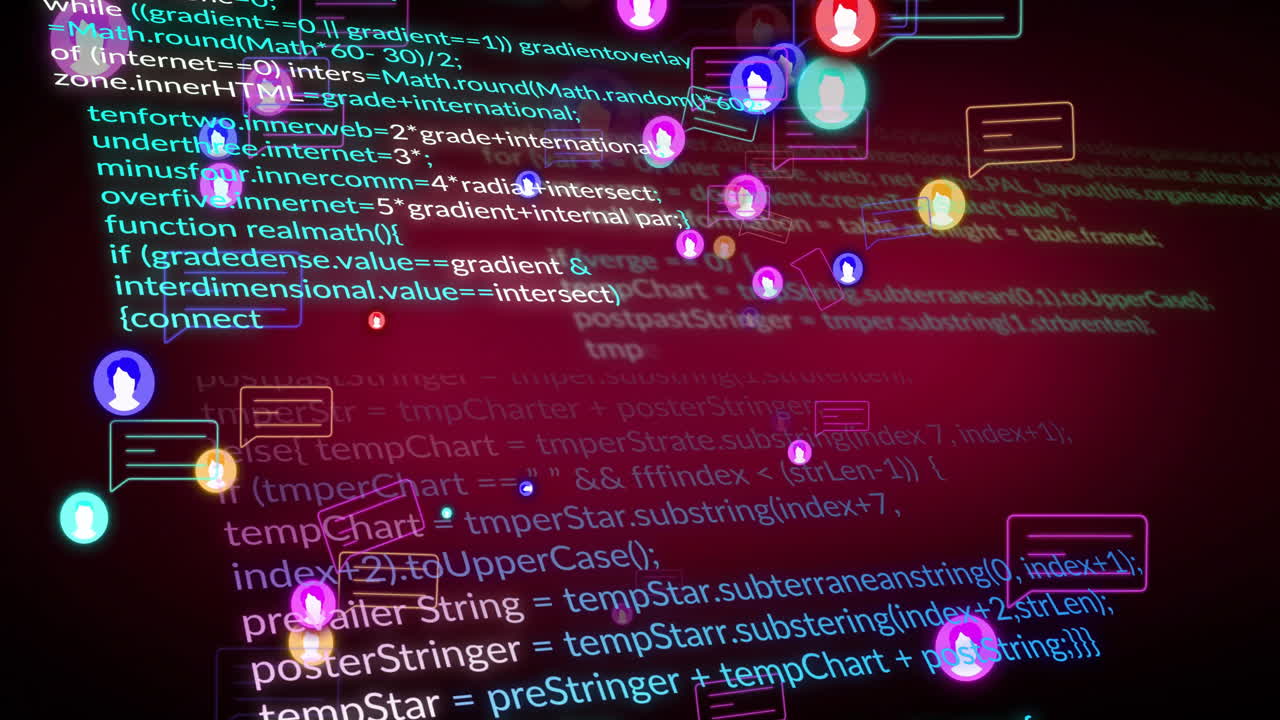 소셜 미디어 아이콘 및 코딩 애니메이션 프로그래밍 스크립트 배경