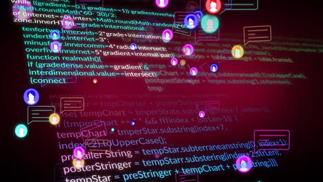 Iconos-De-Redes-Sociales-Y-Animación-De-Codificación-Sobre-Fondo-De-Script-De-Programación