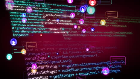 social media icons and coding animation over programming script background