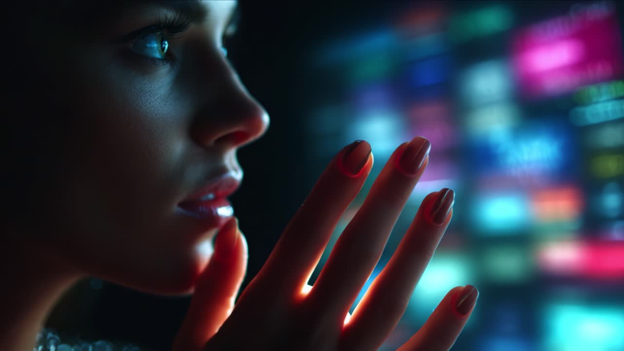 A close-up view of a contemplative individual with a focused expression, gently touching a luminous screen filled with vibrant colors and digital content, capturing a moment of curiosity and reflection