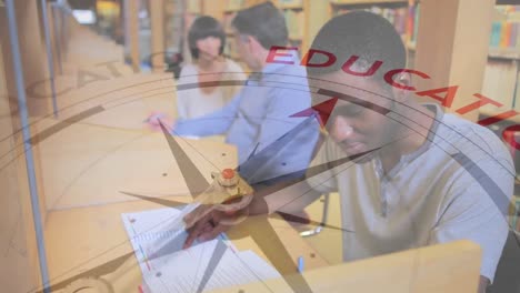 Animation-of-compass-moving-over-diverse-students-in-library